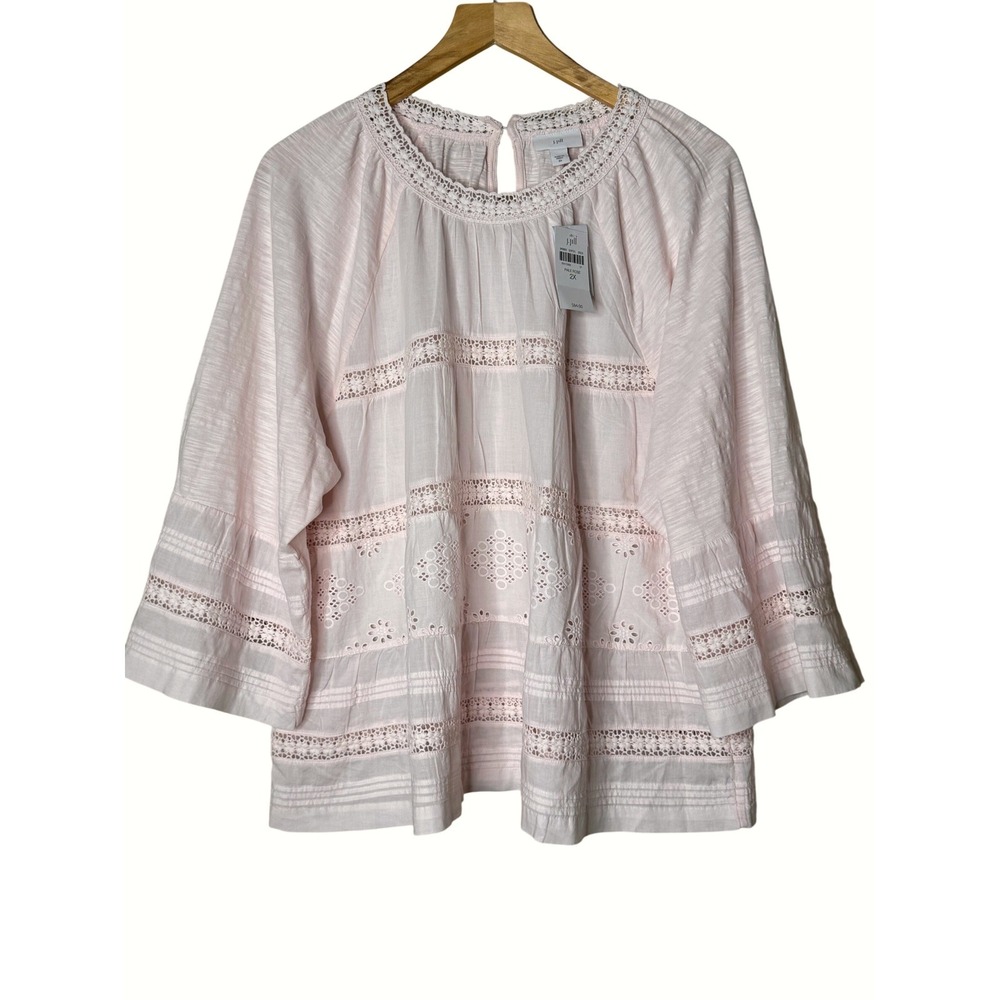 J. Jill Pink Cotton Eyelet Lace Trim Tiered Bell Sleeve Blouse 2X New 338161